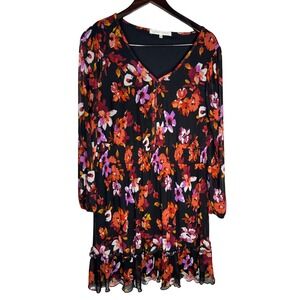 Madison + Hudson Dress Mini Fit Flare Large Black Orange Floral Smocked Waist